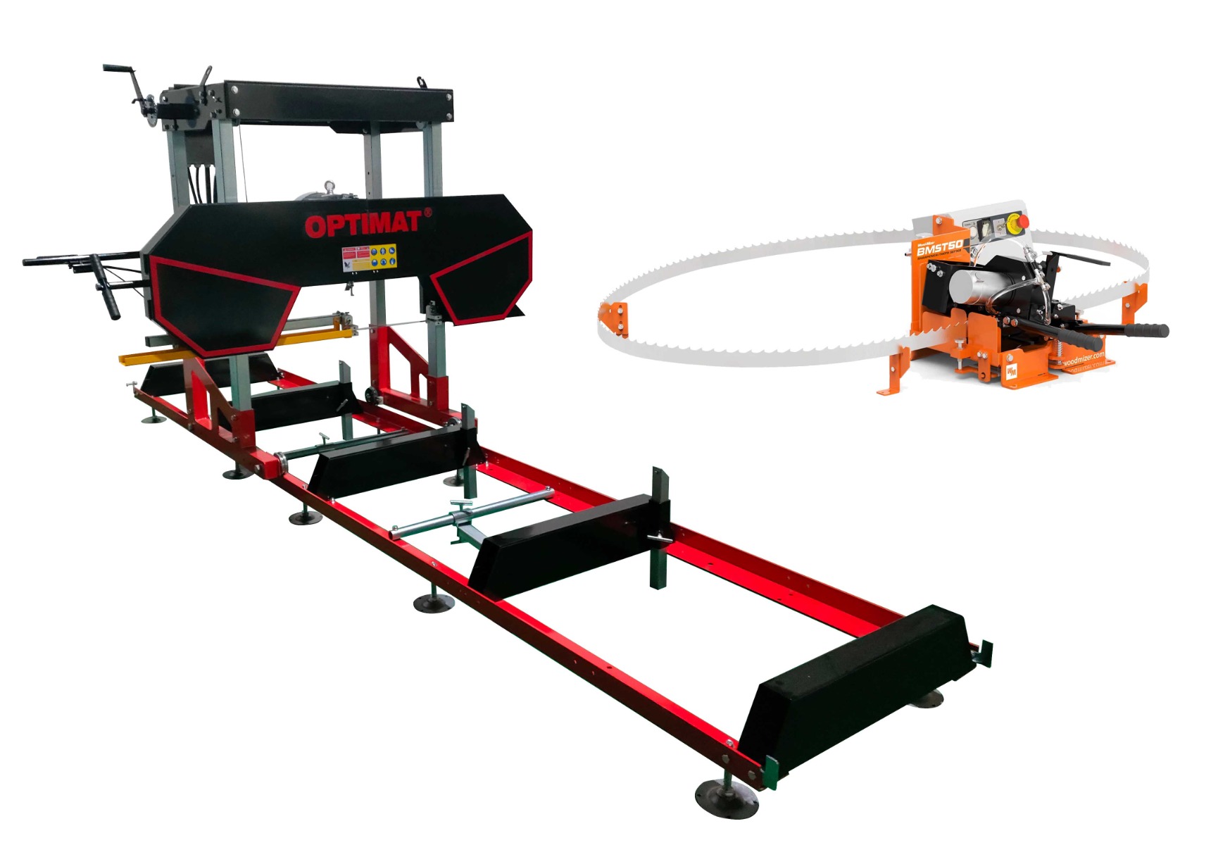 Trak taśmowy elektryczny OPTIMAT Timberland TMC 660S z osłoną taśmy + ostrzarko-rozwierak Wood-Mizer BMST50