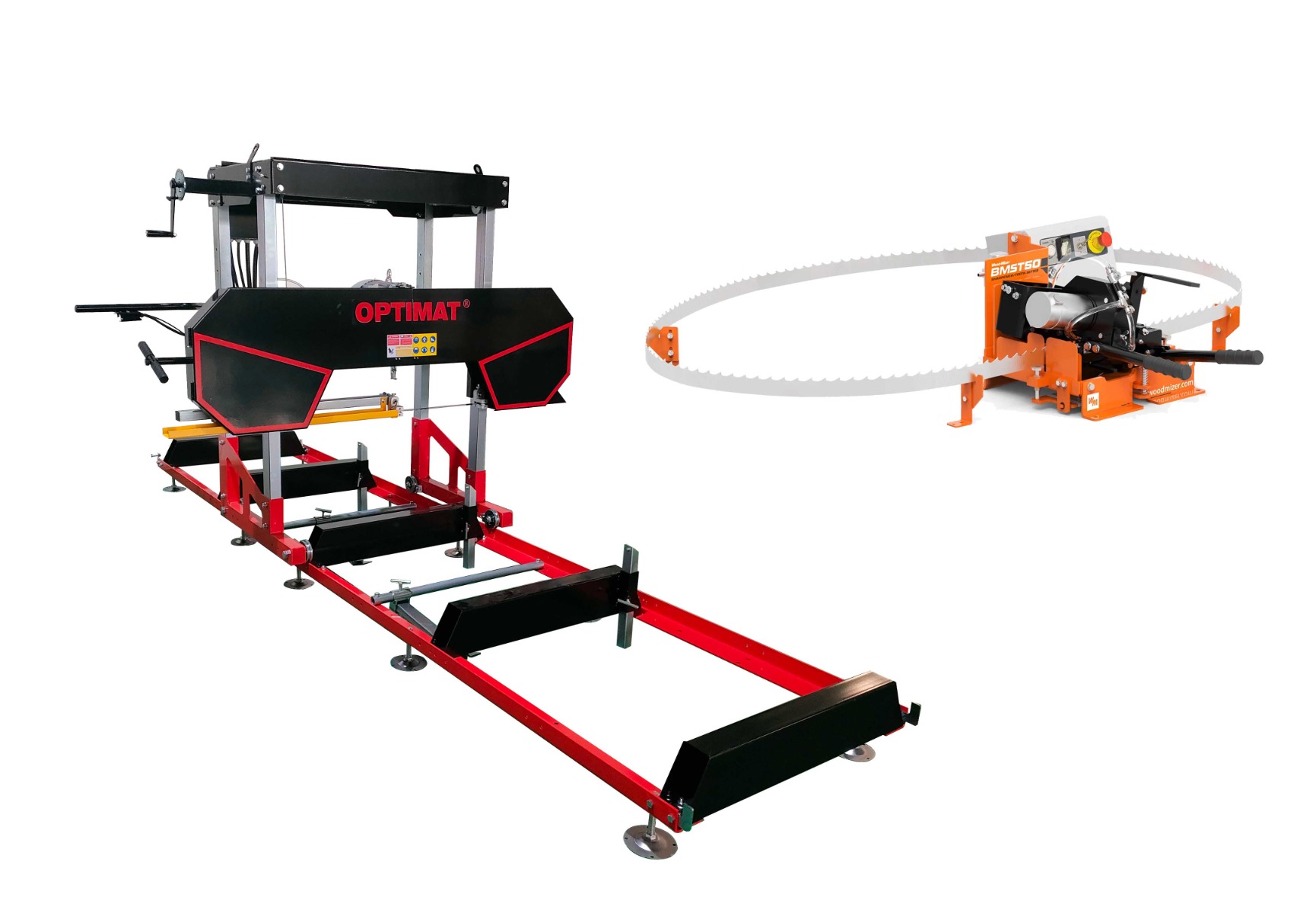 Trak taśmowy elektryczny OPTIMAT Timberland TMC 790S z osłoną taśmy + ostrzarko-rozwierak Wood-Mizer BMST50